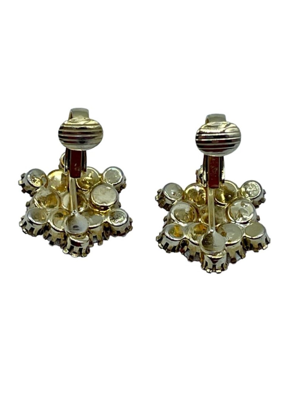 Pink Rhinestone Earrings Two Toned Prong Set Cluster Vintage Clip On Gold Tone - Picture 14 of 16